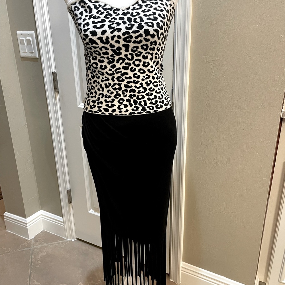 Express women’s leopard halter SZ -6with INC cotton fringe black skirt SZ -8